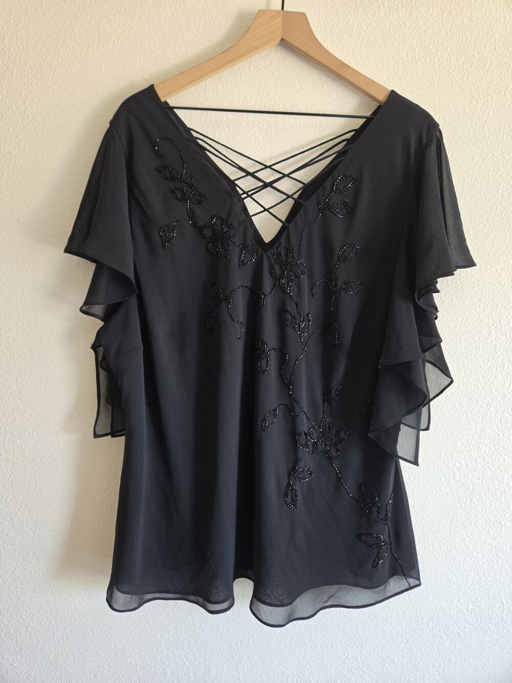 Adrianna Papell Black Silk Beaded Chiffon Flutter Top Romantic Whimsigoth 18W